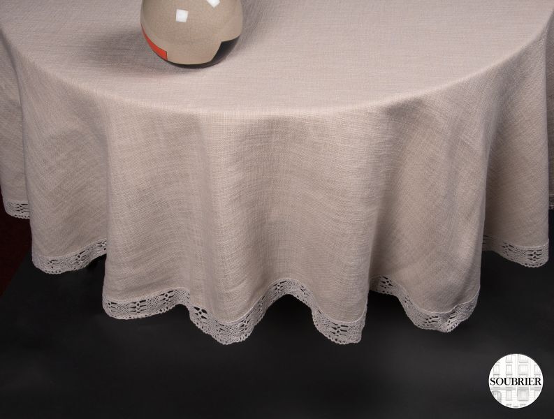 Oval beige linen and lace tablecloth