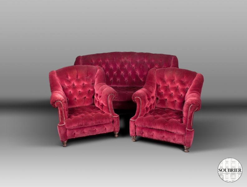 Red padded velvet living room suite
