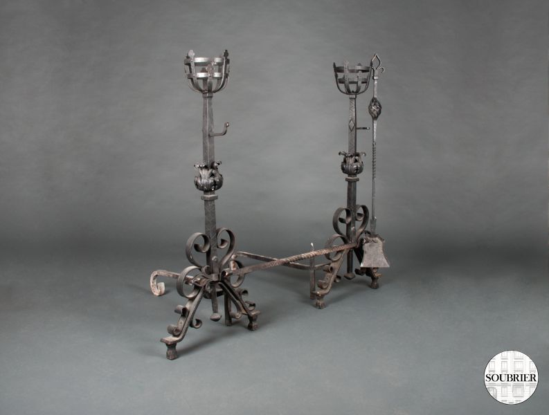 Two wrought iron andirons
