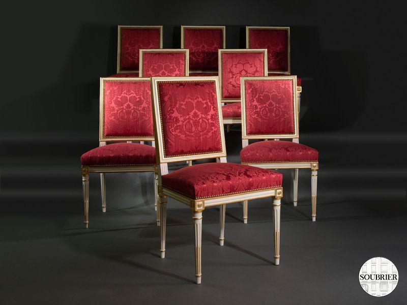 8 Louis XVI chairs in red silk