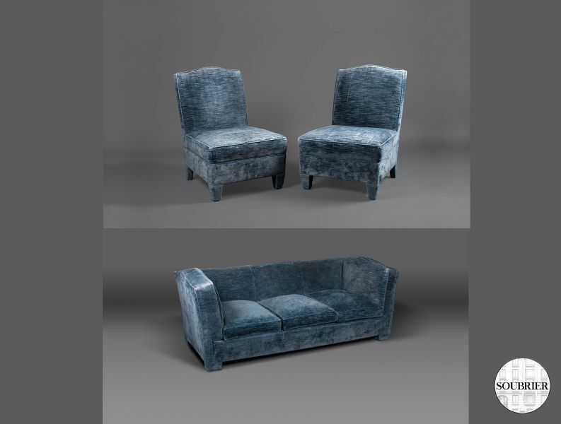 Dark blue velvet living room suite