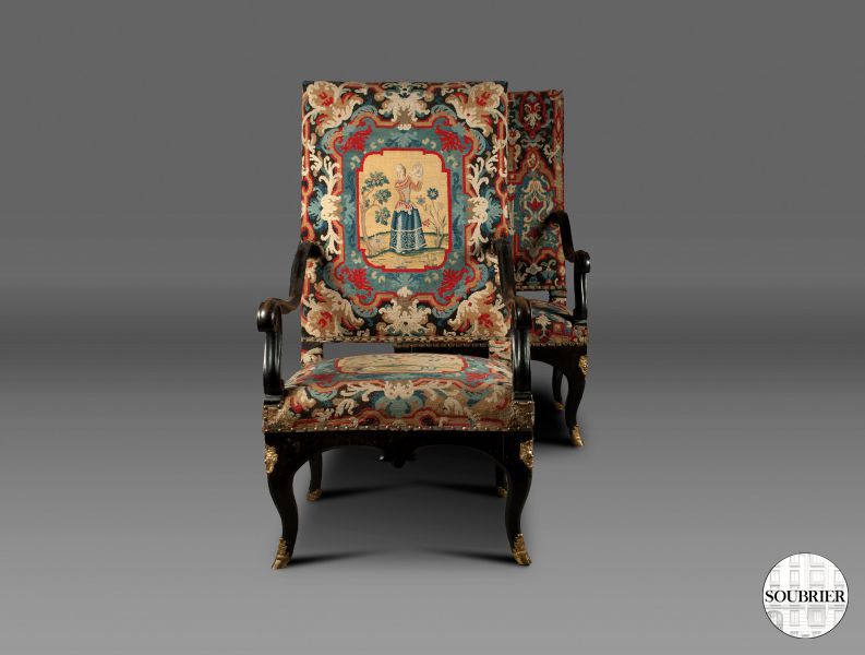 Pair of Louis XIV tapestry armchairs