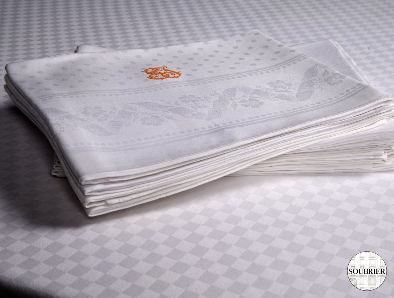 12 serviettes damas blanc chiffre SJ