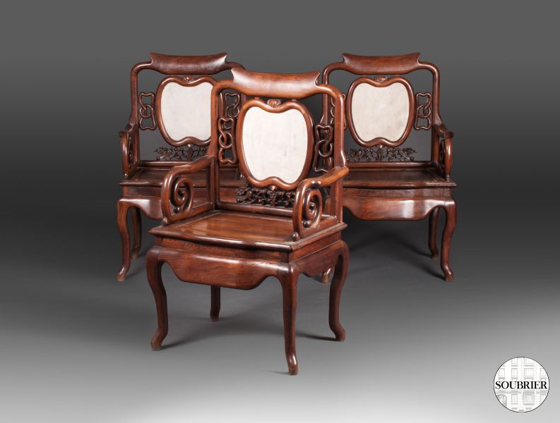 3 fauteuils chinois XIXe
