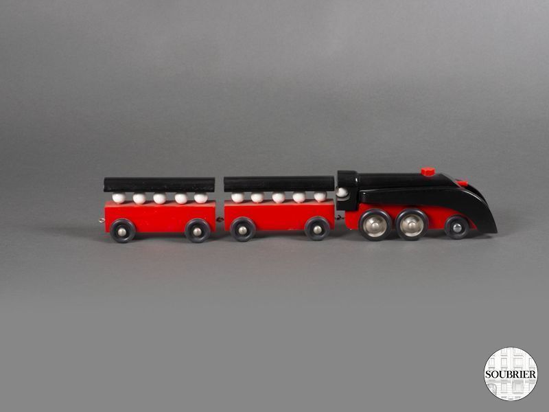 Red and black wooden locomotive + 2 wagons