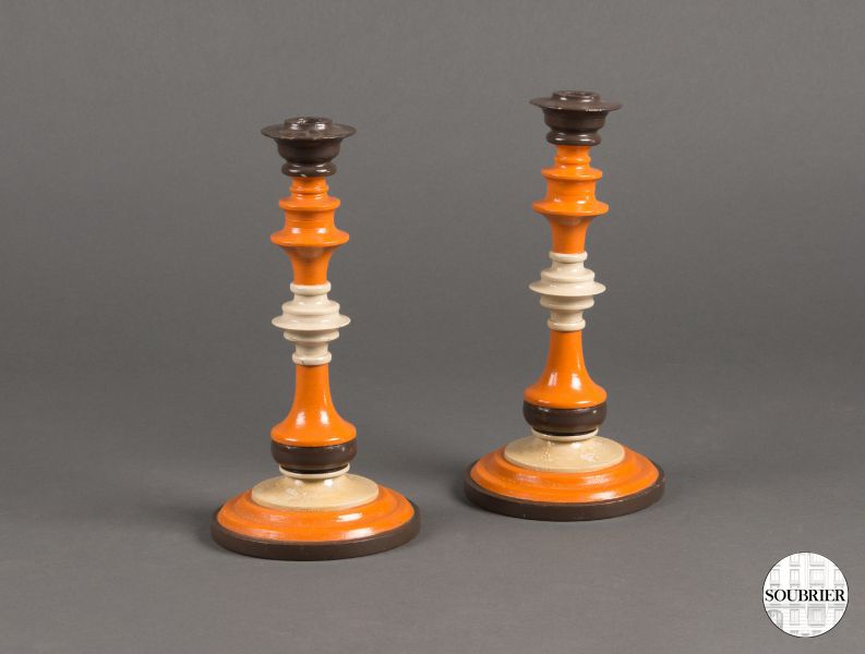 Pair of turned wood candlesticks