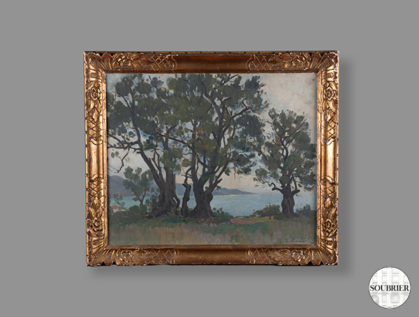 Oil with trees and sea