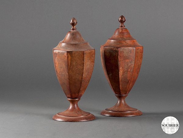 Brown patinated metal urns