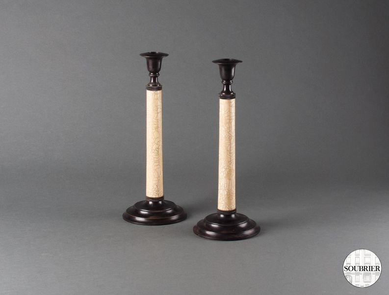 Pair of candlesticks cracked yellow