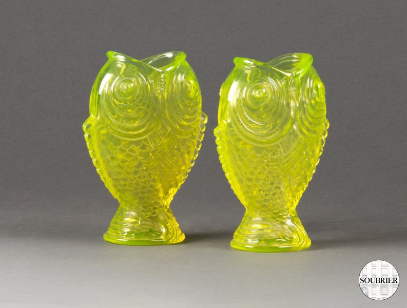 Pair of uranium glass fish vases