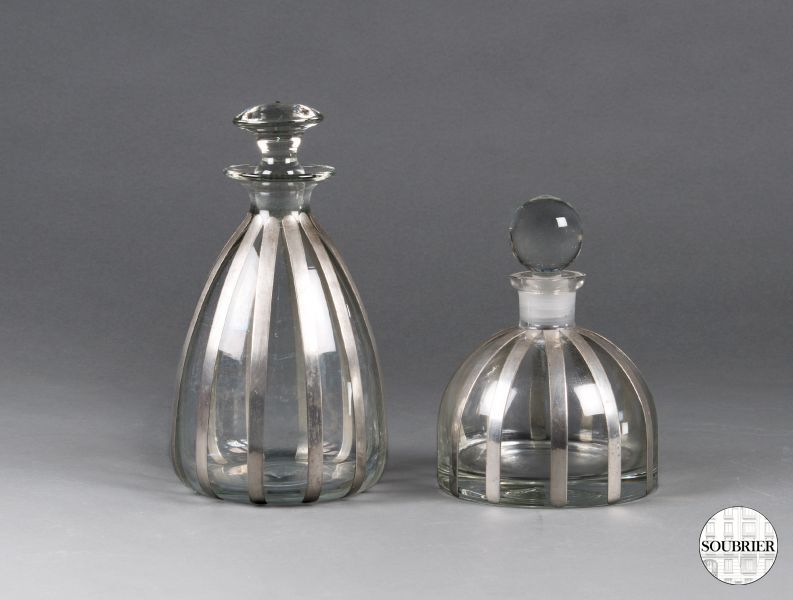 Pair of crystal and tin carafes