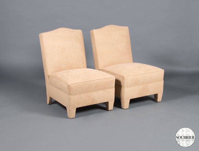 Pair of fawn alcantara low chairs
