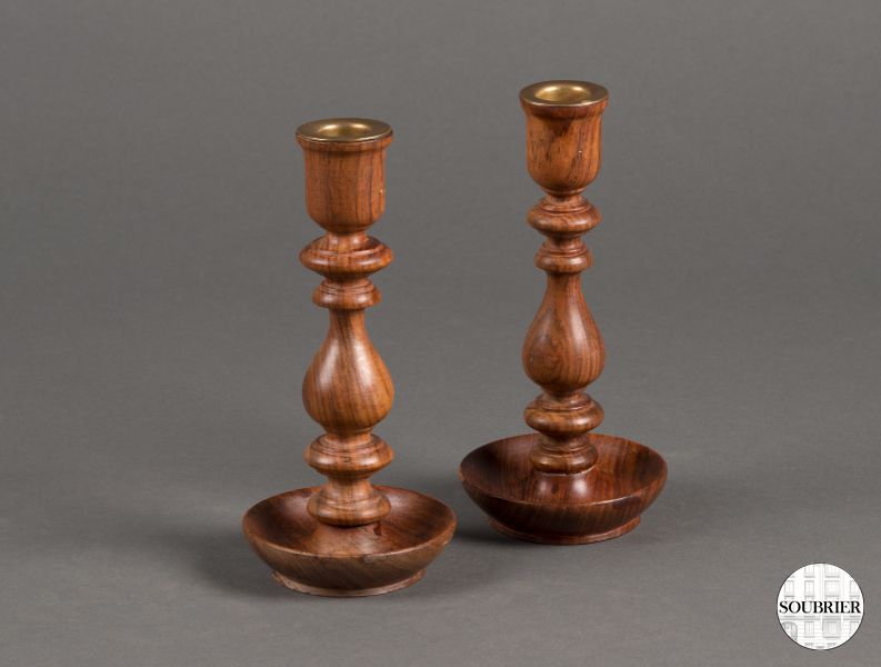 Pair of turned wood candlesticks