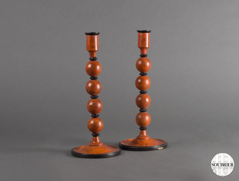 Pair of turned wood candlesticks