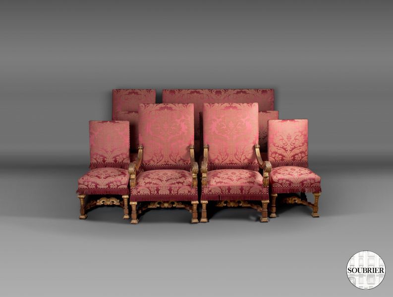 Red silk damask living room suite