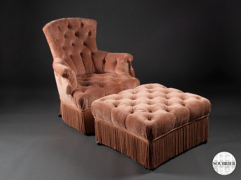 Fauteuil et repose-pied velours rose poudré 