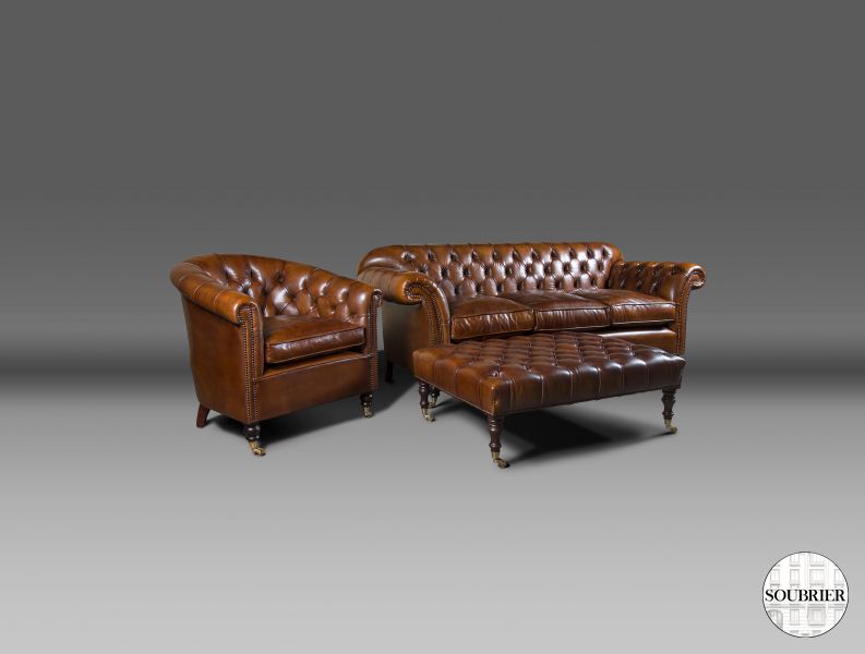 Salon Chesterfield en cuir marron