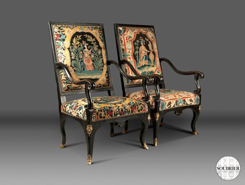 Pair of Louis XIV tapestry armchairs