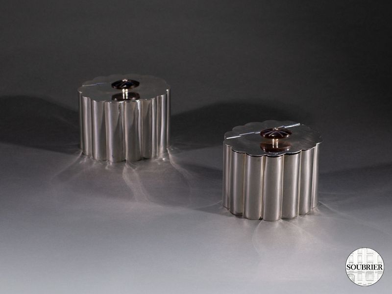 2 coffret métal argenté bouton bois
