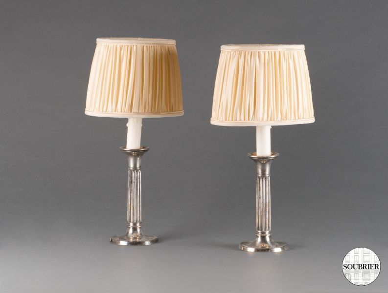 Pair of silvered fluted lamps