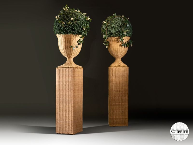 2 vases et leur socle en rotin