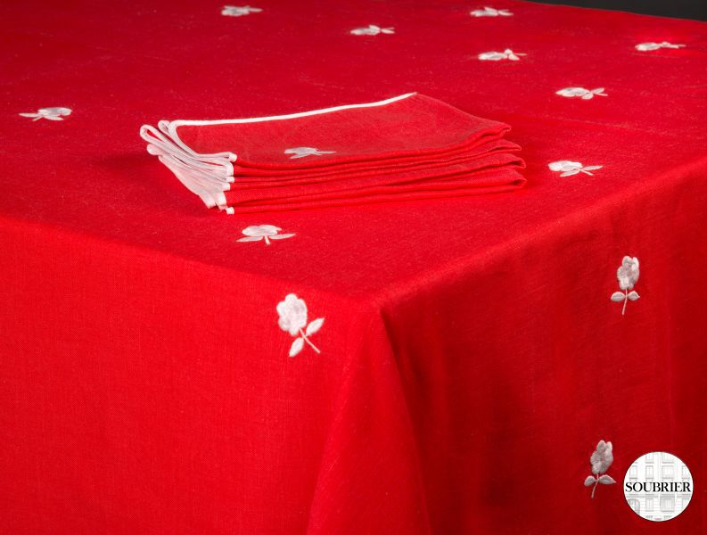 Red tablecloth with flowers