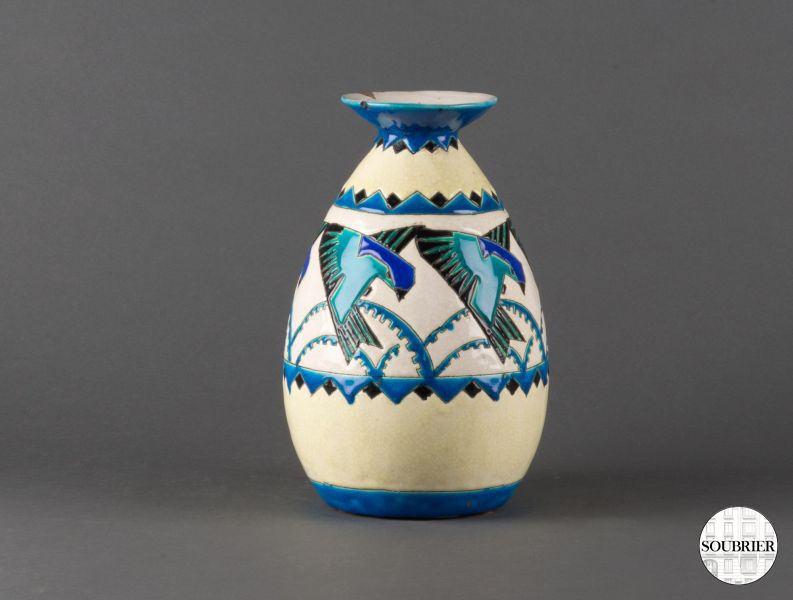Vase Art Déco aux oiseaux bleus
