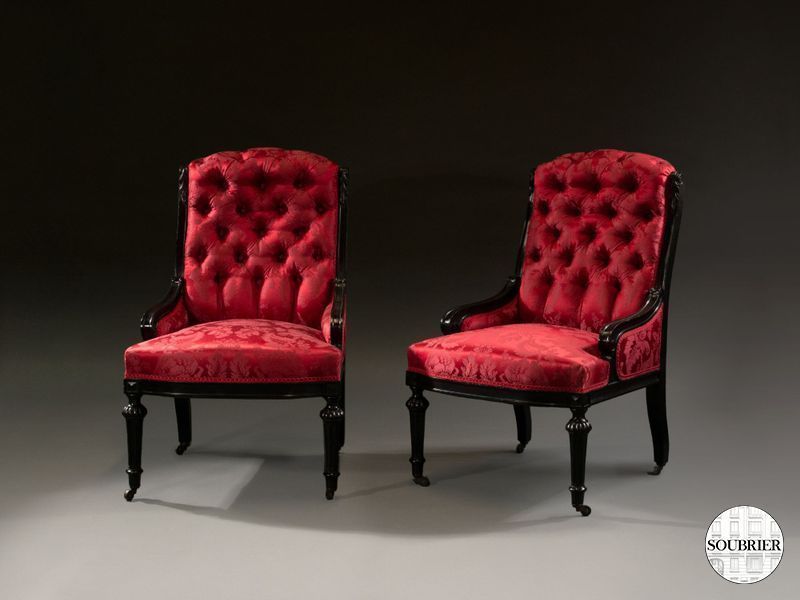 Red silk Napoleon III low chairs