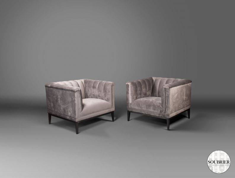 Pair of grey velvet arm chairs