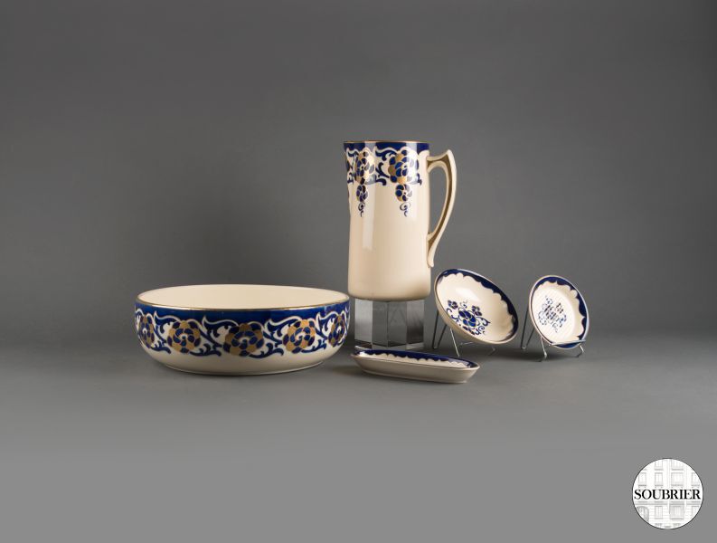 Gold and blue china toilet set