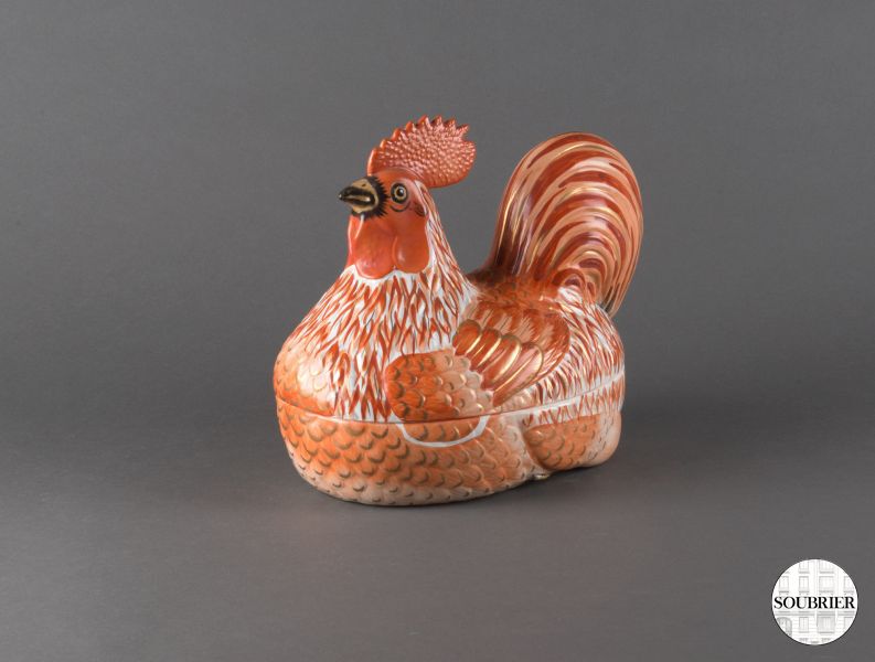Red earthenware rooster soup tureen