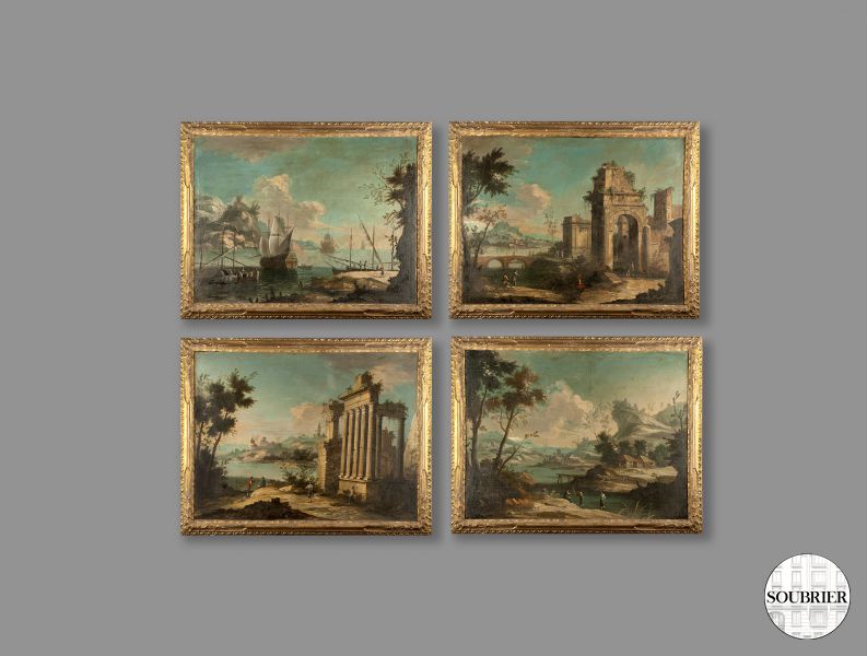Série de 4 huiles paysages italiens
