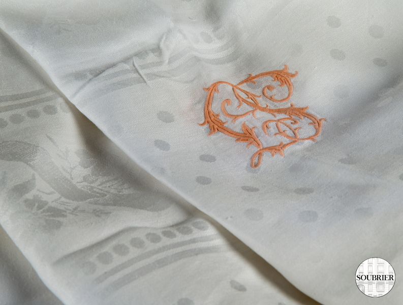 damask tablecloth, SJ monogram