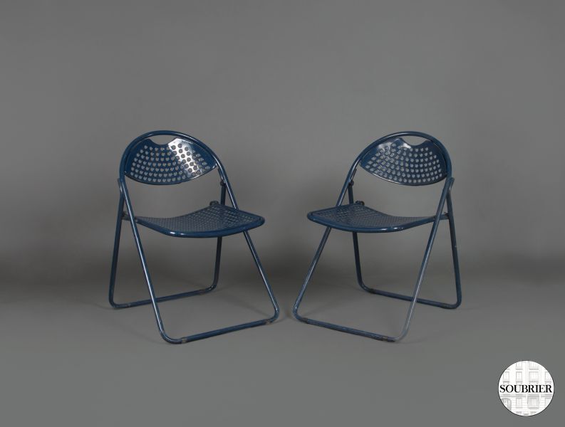 Pair of blue metal sheet chairs