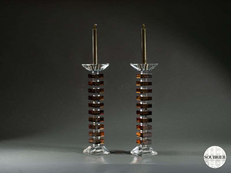 2 bougeoirs cubes verre ambre