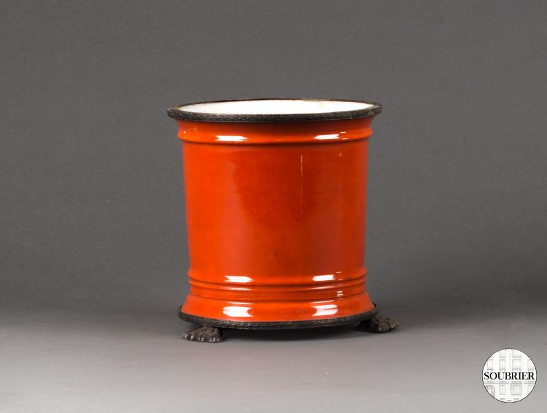 Cache pot en porcelaine rouge orangé