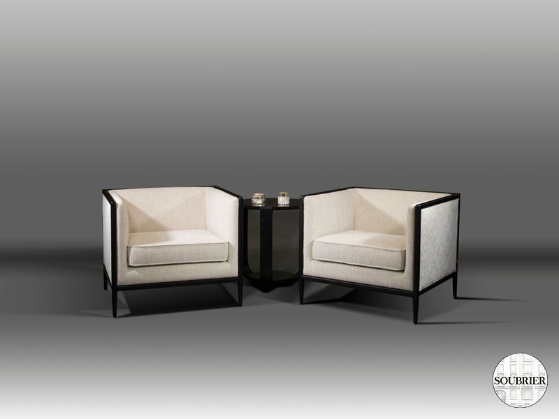 2 fauteuils  bois noir tissu blanc