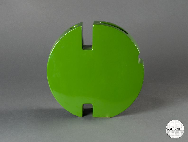 Vase disque émaillé en vert