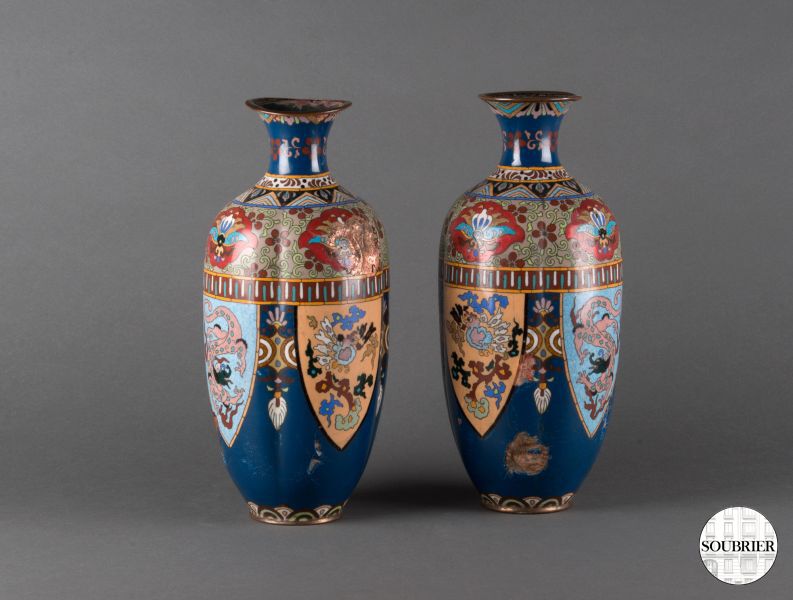 Pair of blue cloisonné vases