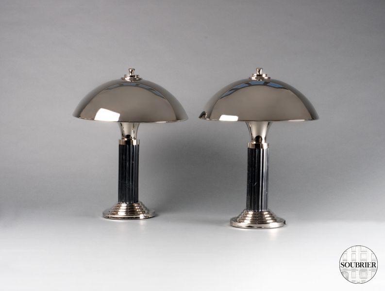 Pair of black marble fluted lamps