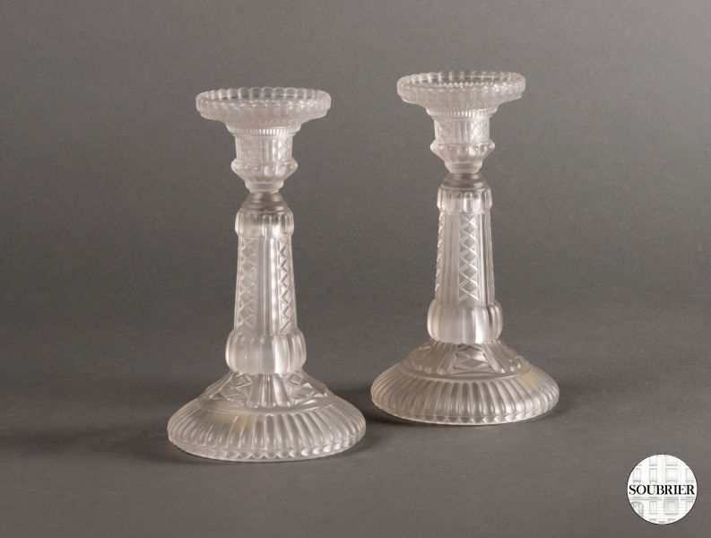 Engraved satin glass candlesticks