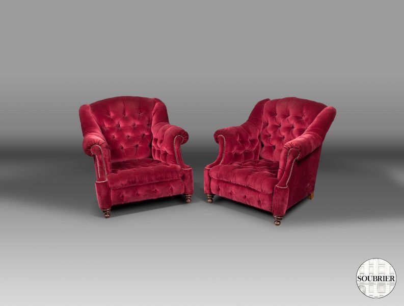 Pair of red velvet armchairs