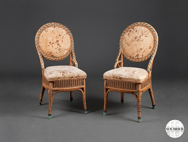 Pair of beige velvet rattan chairs