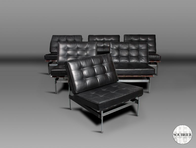 6 black leather button armchairs