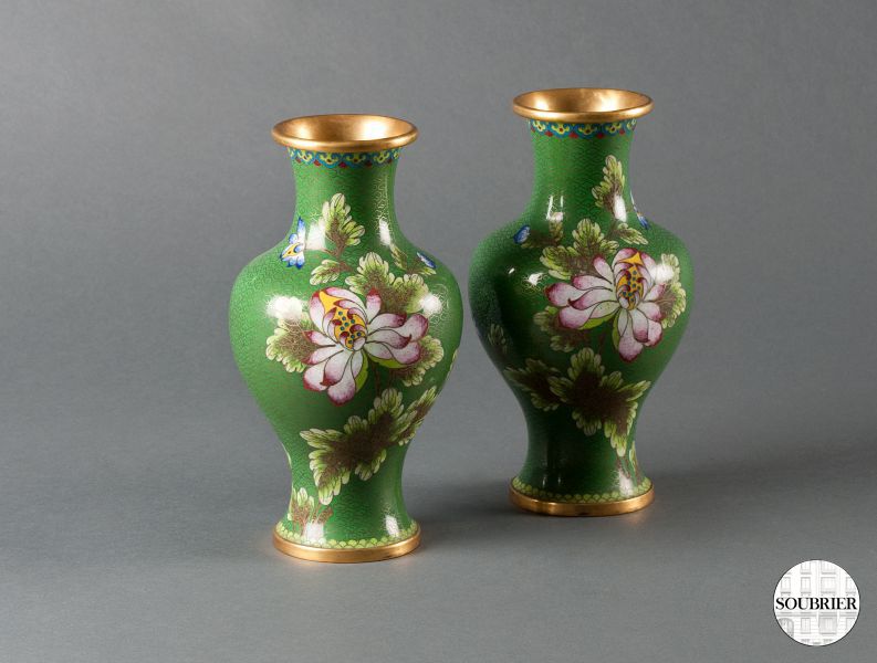 Green Chinese cloisonné vases
