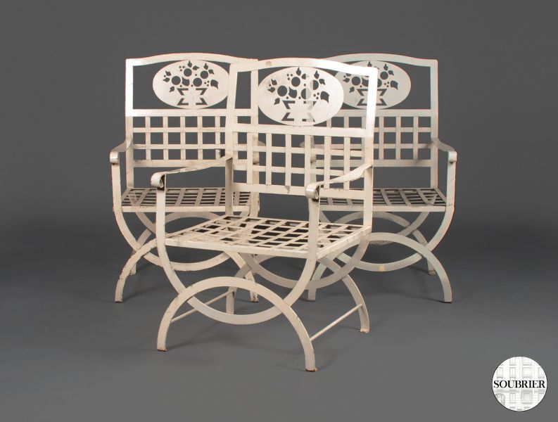 3 white wrought iron garden chairs