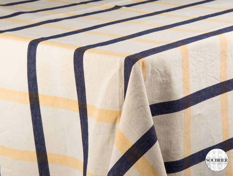 Nappe beige rayée jaune et bleu