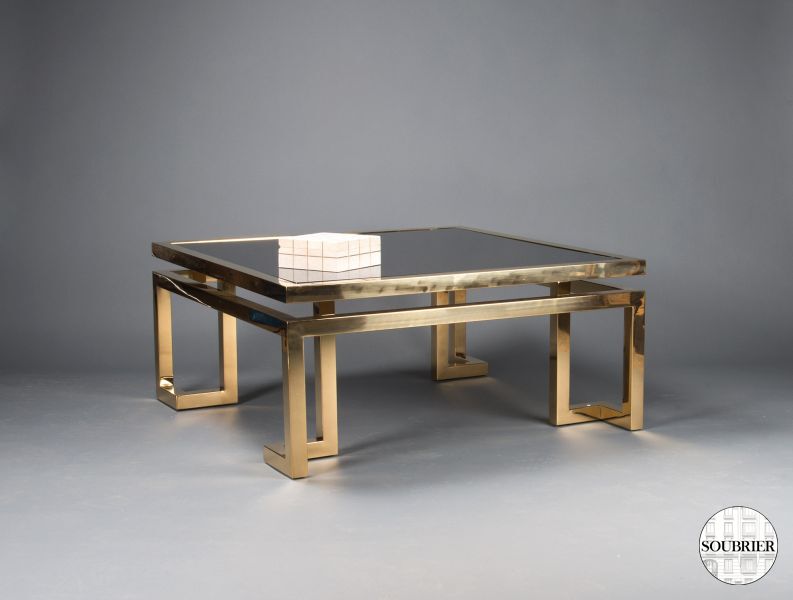 Grande table basse dorée, verre fumé