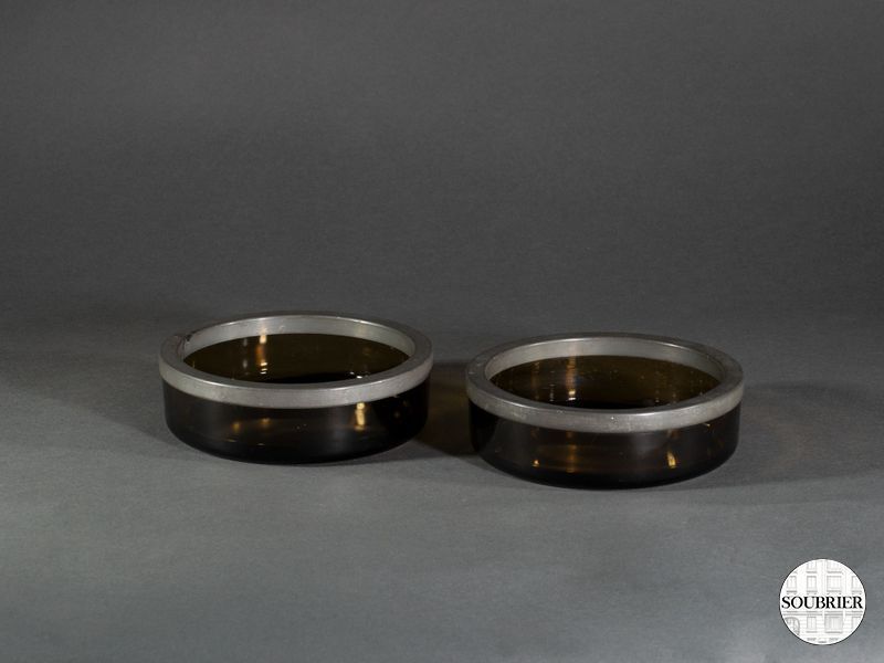 2 Cendriers verre fumé cerclés métal