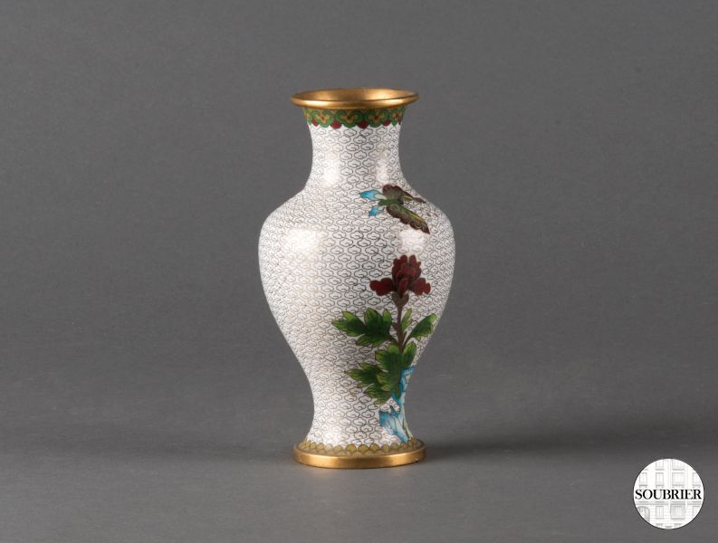 white cloisonné vase with flowers